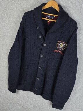 Tommy Hilfiger Navy Cable-knit Shawl Collar Cardigan Hudson River Varsity Sz L